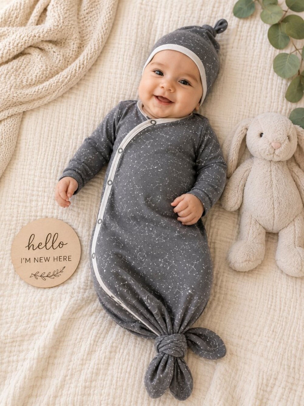Copper Pearl Gray Constellation Knotted Gown & Hat Newborn Flawed Snap